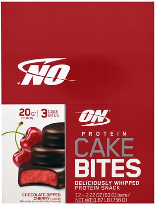 Optimum Nutrition, Protein Cake Bites, Chocolate Dipper Cherry Flavor, 12 Bars, 2.22 oz (63 g) Each ,والرياضة، والبروتينات، والتغذية المثلى