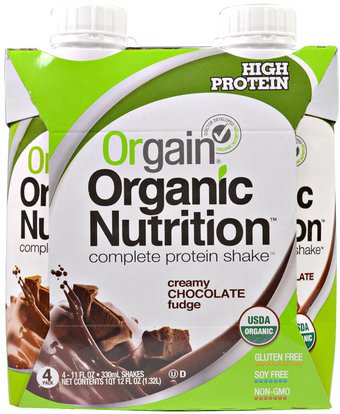 Orgain, Organic Nutrition Complete Protein Shake, Creamy Chocolate Fudge, 4 Pack, 11 fl oz (330 ml) ,والمكملات الغذائية، والمشروبات البروتين، يهز البروتين
