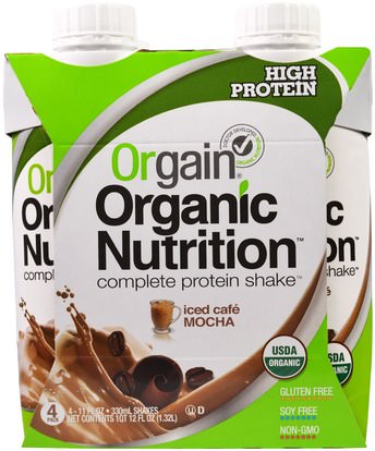Orgain, Organic Nutrition Complete Protein Shake, Iced Cafe Mocha, 4 Pack, 11 fl oz (330 ml) ,والمكملات الغذائية، والمشروبات البروتين، يهز البروتين