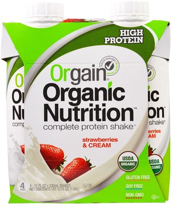 Orgain, Organic Nutrition Complete Protein Shake, Strawberries & Cream, 4 Pack, 11 fl oz (330 ml) Each ,والمكملات الغذائية، والمشروبات البروتين، يهز البروتين