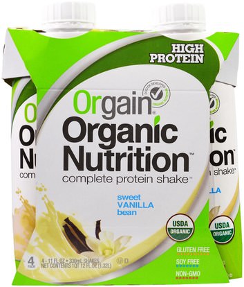 Orgain, Organic Nutrition Complete Protein Shake, Sweet Vanilla Bean, 4 Pack, 11 fl oz (330 ml) Each ,والمكملات الغذائية، والمشروبات البروتين، يهز البروتين
