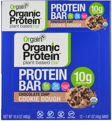 Orgain, Organic Plant-Based Protein Bar, Chocolate Chip Cookie Dough, 12 Bars, 1.41 oz (40 g) Each ,والرياضة، والبروتين أشرطة