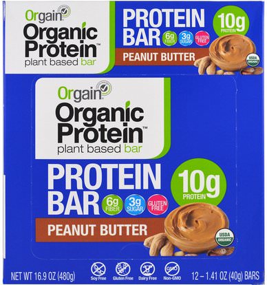 Orgain, Organic Plant-Based Protein Bar, Peanut Butter, 12 Bars, 1.41 oz (40 g) Each ,والرياضة، والبروتين أشرطة