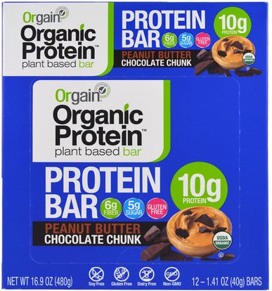 Orgain, Organic Plant-Based Protein Bar, Peanut Butter Chocolate Chunk, 12 Bars, 1.41 oz (40 g) Each ,والرياضة، والبروتين أشرطة