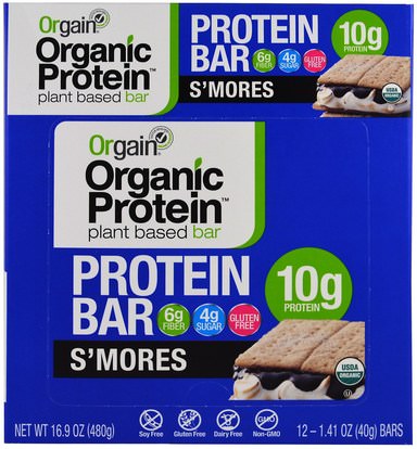 Orgain, Organic Plant-Based Protein Bar, Smores, 12 Bars, 1.41 oz (40 g) Each ,والرياضة، والبروتين أشرطة