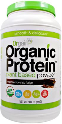 Orgain, Organic Protein Plant Based Powder, Creamy Chocolate Fudge, 2.03 lbs (920 g) ,المكملات الغذائية، البروتين، مسحوق البروتين أورجين