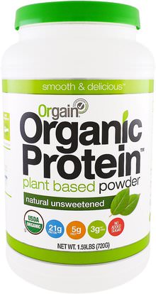 Orgain, Organic Protein Plant Based Powder, Natural Unsweetened, 1.59 lbs (720 g) ,المكملات الغذائية، البروتين، مسحوق البروتين أورجين