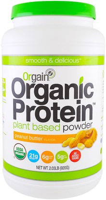 Orgain, Organic Protein Plant Based Powder, Peanut Butter, 2.03 lb (920 g) ,المكملات الغذائية، البروتين، مسحوق البروتين أورجين