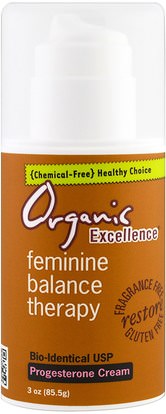 Organic Excellence, Feminine Balance Therapy, Progesterone Cream, Fragrance Free, 3 oz (85.5 g) ,والصحة، والمرأة، ومنتجات كريم البروجسترون