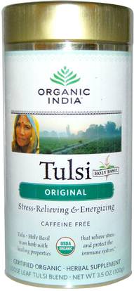 Organic India, Loose Leaf Tulsi Holy Basil Tea Blend, Original, Caffeine Free, 3.5 oz (100 g) ,الغذاء، الشاي العشبية، تولسي الشاي، المكملات الغذائية، أدابتوغن