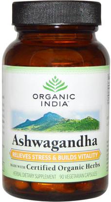 Organic India, Organic, Ashwagandha, 90 Veggie Caps ,الأعشاب، أشواغاندا ويثانيا سومنيفيرا، أدابتوجين