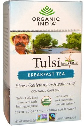 Organic India, Tulsi, Holy Basil, Breakfast Tea, 18 Infusion Bags, 1.08 oz (30.6 g) ,الغذاء، الشاي العشبية، تولسي الشاي، المكملات الغذائية، أدابتوغن