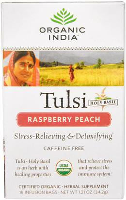Organic India, Tulsi Holy Basil, Raspberry Peach, Caffeine Free, 18 Infusion Bags, 1.21 oz (34.2 g) ,الغذاء، الشاي العشبية، تولسي الشاي، المكملات الغذائية، أدابتوغن