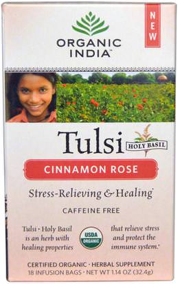 Organic India, Tulsi Holy Basil Tea, Cinnamon Rose, Caffeine-Free, 18 Infusion Bags, 1.14 oz (32.4 g) ,الغذاء، الشاي العشبية، تولسي الشاي، المكملات الغذائية، أدابتوغن