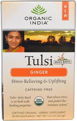 Organic India, Tulsi Holy Basil Tea, Ginger, Caffeine-Free, 18 Infusion Bags, 1.14 oz (32.4 g) ,الغذاء، الشاي العشبية، تولسي الشاي، المكملات الغذائية، أدابتوغن
