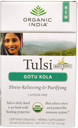 Organic India, Tulsi Holy Basil Tea, Gotu Kola, Caffeine-Free, 18 Infusion Bags, 1.21 oz (34.2 g) ,الغذاء، الشاي العشبية، تولسي الشاي، المكملات الغذائية، أدابتوغن