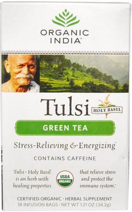 Organic India, Tulsi Holy Basil Tea, Green Tea, 18 Infusion Bags, 1.21 oz (34.2 g) ,الغذاء، الشاي العشبية، تولسي الشاي، المكملات الغذائية، أدابتوغن