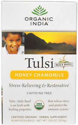 Organic India, Tulsi Holy Basil Tea, Honey Chamomile, Caffeine-Free, 18 Infusion Bags, 1.08 oz (30.6 g) ,الغذاء، الشاي العشبية، تولسي الشاي، المكملات الغذائية، أدابتوغن