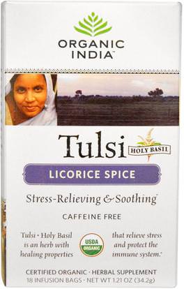 Organic India, Tulsi Holy Basil Tea, Licorice Spice, Caffeine Free, 18 Infusion Bags, 1.21 oz (34.2 g) ,الغذاء، الشاي العشبية، تولسي الشاي، المكملات الغذائية، أدابتوغن