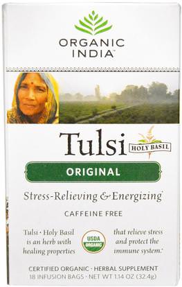 Organic India, Tulsi Holy Basil Tea, Original, Caffeine-Free, 18 Infusion Bags, 1.14 oz (32.4 g) ,الغذاء، الشاي العشبية، تولسي الشاي، المكملات الغذائية، أدابتوغن