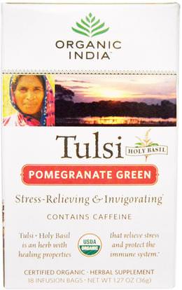 Organic India, Tulsi Holy Basil Tea, Pomegranate Green, 18 Infusion Bags, 1.27 oz (36 g) ,الغذاء، الشاي العشبية، تولسي الشاي، المكملات الغذائية، أدابتوغن
