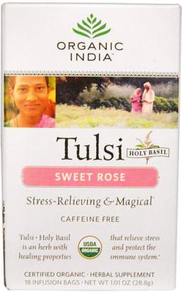 Organic India, Tulsi Holy Basil Tea, Sweet Rose, Caffeine Free, 18 Infusion Bags, 1.01 oz (28.8 g) ,الغذاء، الشاي العشبية، تولسي الشاي، المكملات الغذائية، أدابتوغن