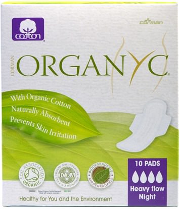 Organyc, Organic Cotton Pads, Heavy Flow Night, 10 Pads ,حمام، الجمال، المرأة