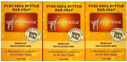 Out of Africa, Pure Shea Butter Bar Soap, Apricot Exfoliating Bar, 3 Pack, 4 oz (120 g) Each ,حمام، الجمال، الصابون