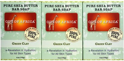 Out of Africa, Pure Shea Butter Bar Soap, Green Clay, 3 Pack, 4 oz (120 g) Each ,حمام، الجمال، الصابون