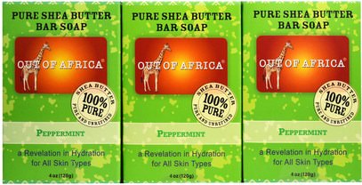 Out of Africa, Pure Shea Butter Bar Soap, Peppermint, 3 Pack, 4 oz (120 g) Each ,حمام، الجمال، الصابون