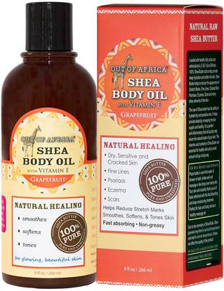 Out of Africa, Shea Body Oil with Vitamin E, Grapefruit, 9 fl oz (266 ml) ,حمام، الجمال، زبدة الشيا، الجلد، زيت التدليك