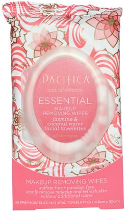 Pacifica, Essential Makeup Removing Wipes, Jasmine & Coconut Water, 30 Pre-Moistened Natural Towelettes ,الجمال، العناية بالوجه، مناديل الوجه، حمام، مزيل ماكياج