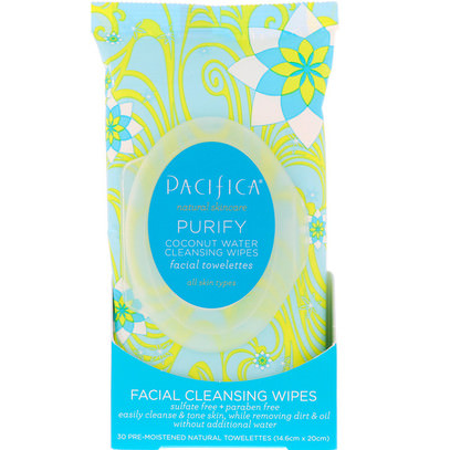 Pacifica, Purify Coconut Water Cleansing Facial Wipes, 30 Pre-Moistened Towelettes ,الجمال، العناية بالوجه، الجلد، مناديل الوجه
