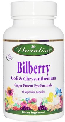 Paradise Herbs, Bilberry, GoJi & Chrysanthemum, 60 Veggie Caps ,المكملات الغذائية، مضادات الأكسدة، العناية بالعيون، العناية بالرؤية، التوت