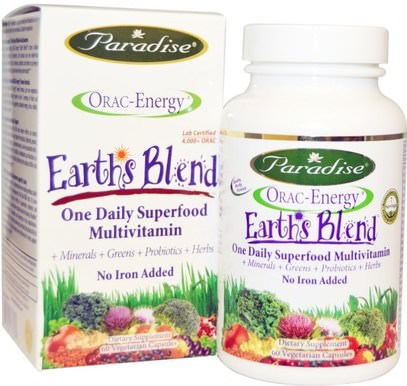 Paradise Herbs, ORAC-Energy, Earths Blend, One Daily Superfood Multivitamin, No Iron, 60 Veggie Caps ,Herb-sa