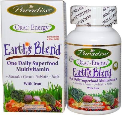 Paradise Herbs, ORAC-Energy, Earths Blend, One Daily Superfood Multivitamin, With Iron, 30 Veggie Caps ,الفيتامينات، الفيتامينات