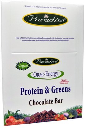 Paradise Herbs, ORAC-Energy, Protein & Greens, Chocolate Bar, 12 Bars, 2.22 oz (63 g) Each ,والرياضة، والحانات البروتين، والأطعمة النباتية