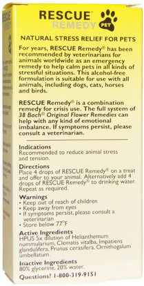 رعاية الحيوانات الأليفة والحيوانات الأليفة القطط، المثلية Bach, Original Flower Remedies, Rescue Remedy Pet, 0.7 fl oz (20 ml)