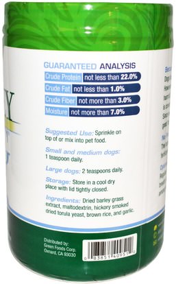 رعاية الحيوانات الأليفة، والحيوانات الأليفة الكلاب، الخضر للحيوانات الاليفة Green Foods Corporation, Barley Dog, 11 oz (312 g)