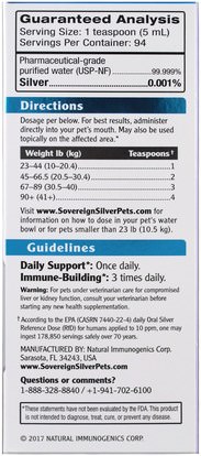 رعاية الحيوانات الأليفة، ملحق للحيوانات الاليفة Sovereign Silver, Bio-Active Silver Hydrosol, For Pets, Immune Support, 16 fl oz (473 ml)