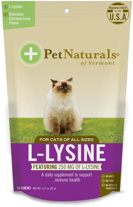 Pet Naturals of Vermont, L-Lysine, For Cats, Chicken Liver Flavor, 250 mg, 60 Chews, 3.17 oz (90 g) ,رعاية الحيوانات الأليفة، ملحق للحيوانات الاليفة القطط