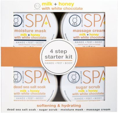 Petal Fresh, BCL Spa, 4 Step Starter Kit, Softening & Hydrating, Milk + Honey with White Chocolate, 4 - 3 fl oz (85 ml) Each ,حمام، الجمال، أملاح الاستحمام، هدية مجموعات