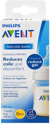 Philips Avent, Anti-Colic Bottle, 0 + Months, 1 Bottle, 4 oz (125 ml) ,صحة الطفل، تغذية الطفل، زجاجات الطفل