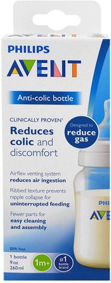 Philips Avent, Anti-Colic Bottle, 1 + Months, 1 Bottle, 9 oz (260 ml) ,صحة الطفل، تغذية الطفل، زجاجات الطفل