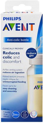 Philips Avent, Anti-Colic Bottle, 3 + Months, 1 Wide-Neck Bottle, 11 oz (330 ml) ,صحة الطفل، تغذية الطفل، زجاجات الطفل