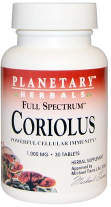 Planetary Herbals, Full Spectrum Coriolus, 1,000 mg, 30 Tablets ,المكملات الغذائية، الفطر الطبية، ذيل تركيا (كوريولوس المبرقشة بسك) الفطر، كبسولات الفطر