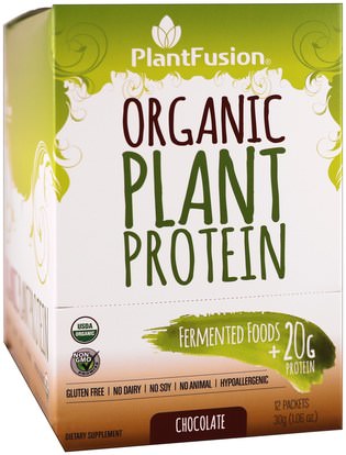 PlantFusion, Organic Plant Protein, Chocolate, 12 Packets, 1.06 oz (30 g) Each ,والرياضة، والمكملات الغذائية، والبروتين