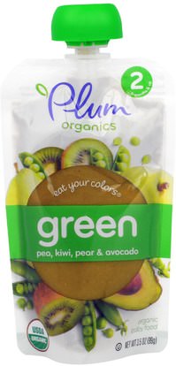 Plum Organics, Stage 2, Eat Your Colors, Green, Pea, Kiwi, Pear & Avocado, 3.5 oz (99 g) ,صحة الطفل، تغذية الطفل، أطفال الأطعمة