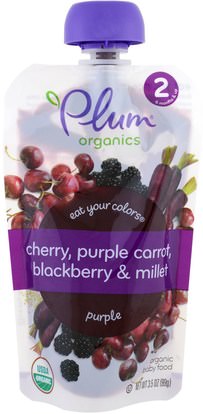 Plum Organics, Stage 2, Eat Your Colors, Purple, Cherry, Purple Carrot, Blackberry & Millet, 3.5 oz (99 g) ,صحة الطفل، تغذية الطفل، الغذاء