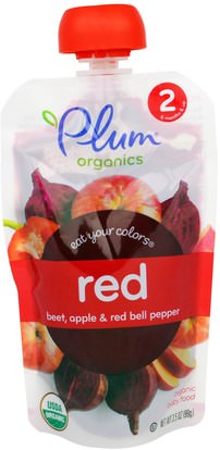 Plum Organics, Stage 2, Eat Your Colors, Red, Beet, Apple & Red Bell Pepper, 3.5 oz (99 g) ,صحة الطفل، تغذية الطفل، الغذاء، أطفال الأطعمة